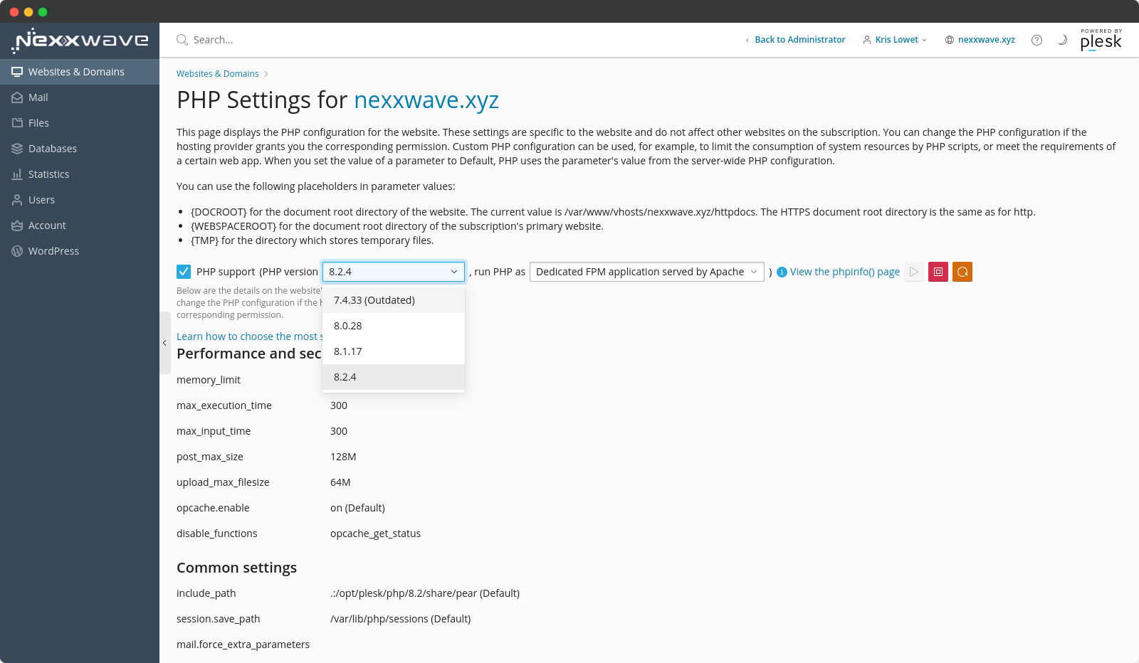 Plesk PHP settings